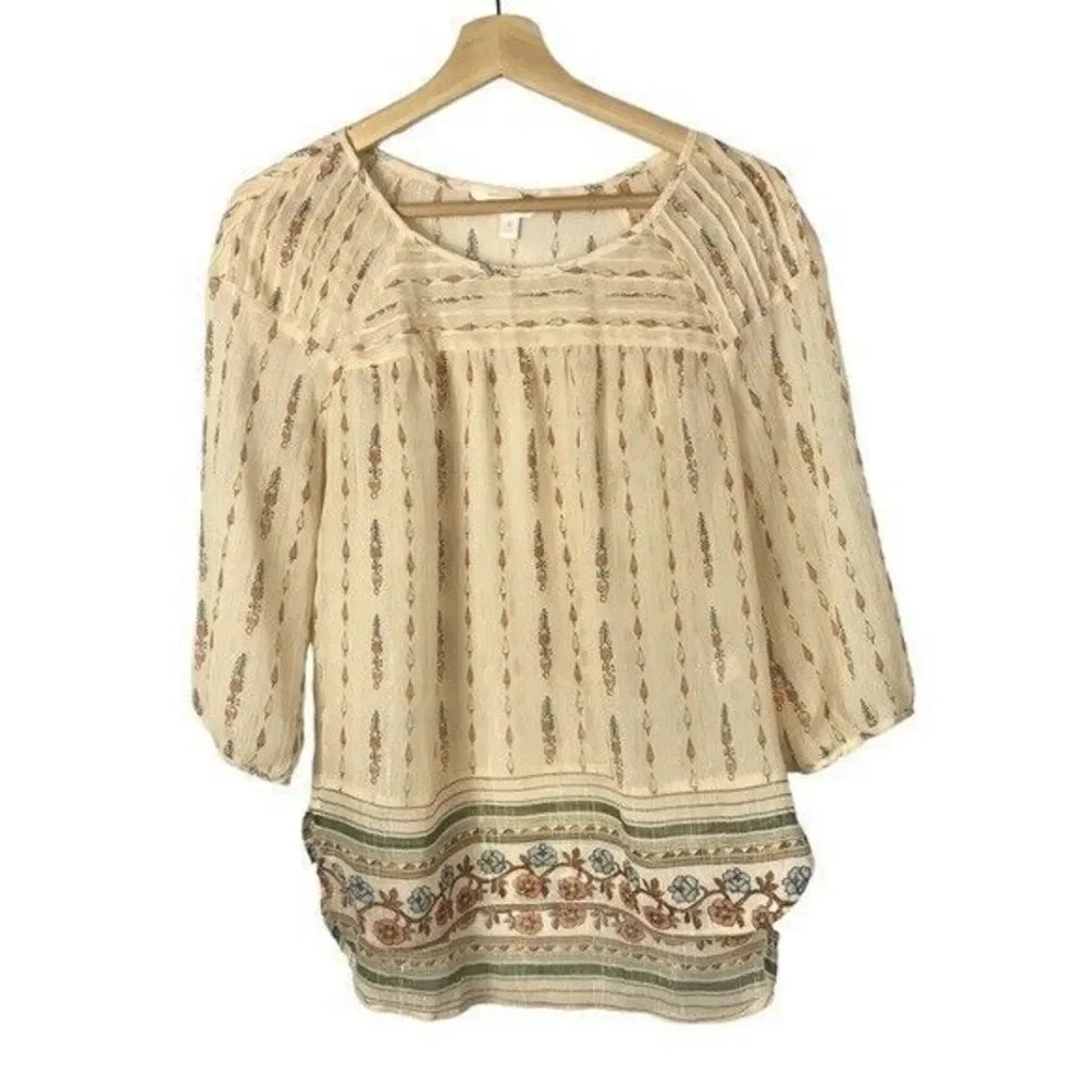 LC Lauren Conrad Beige Floral Sheer Long Sleeve Blouse S